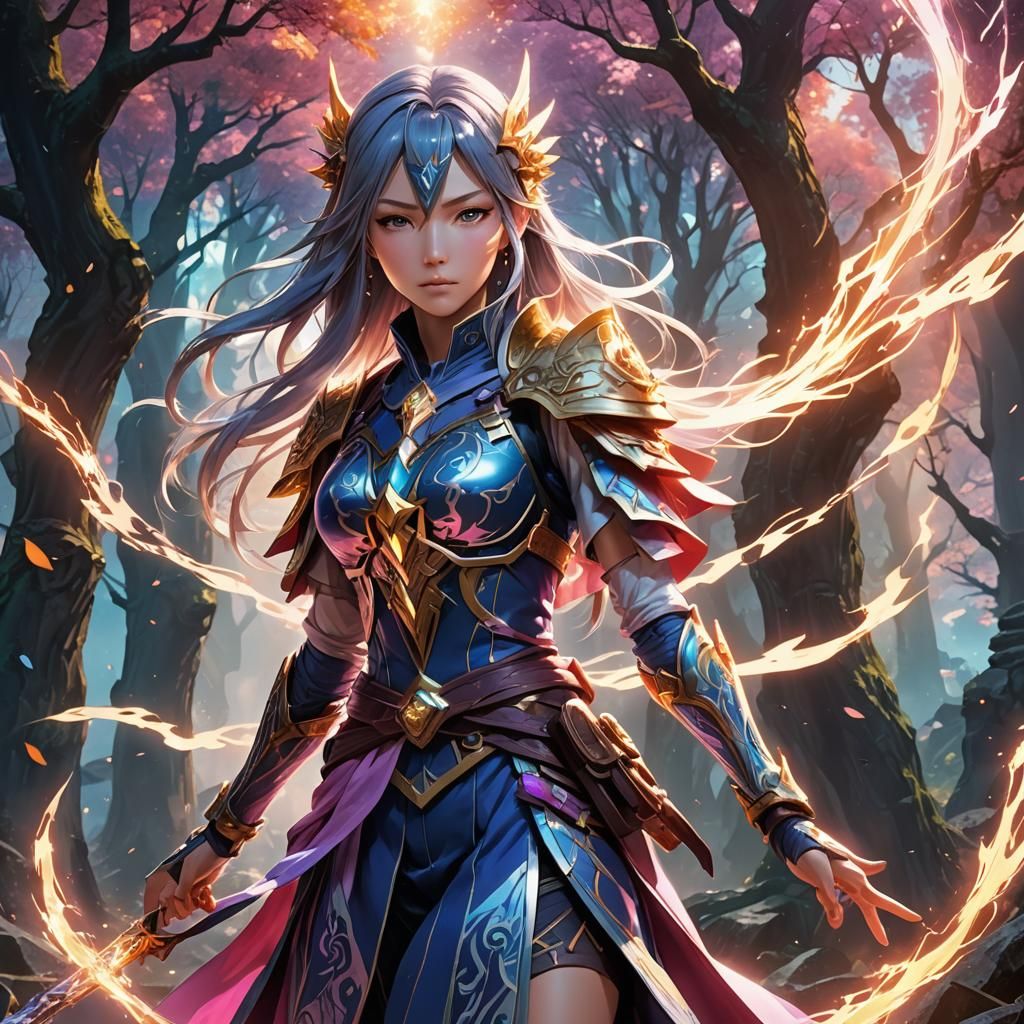 Anime Sorceress Ready for Battle in Fantasy Landscape