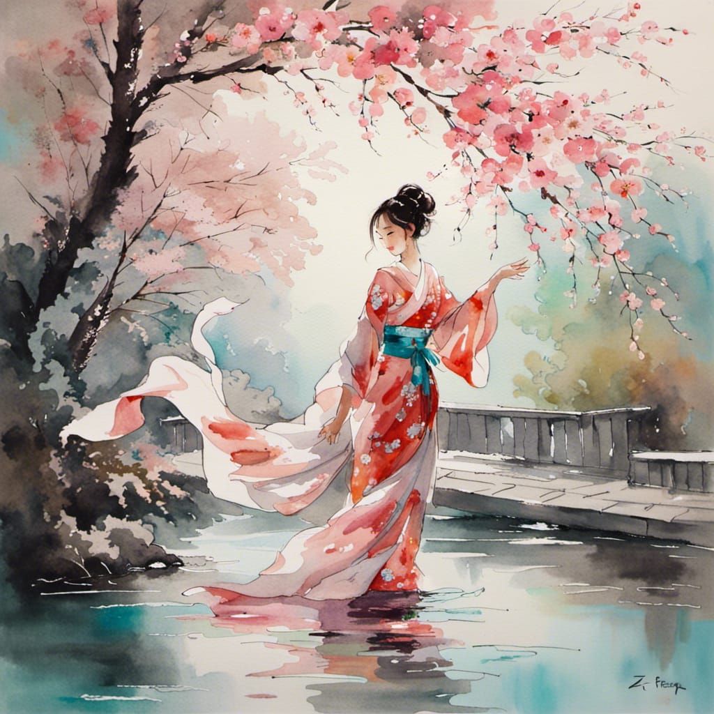 Watercolor Dancer Under Cherry Blossoms