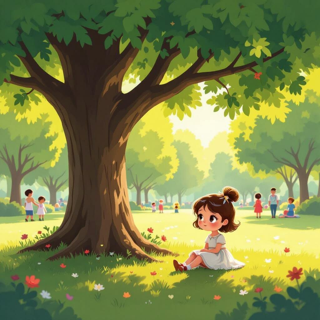 Cute Girl Sits Alone in Crowded Park