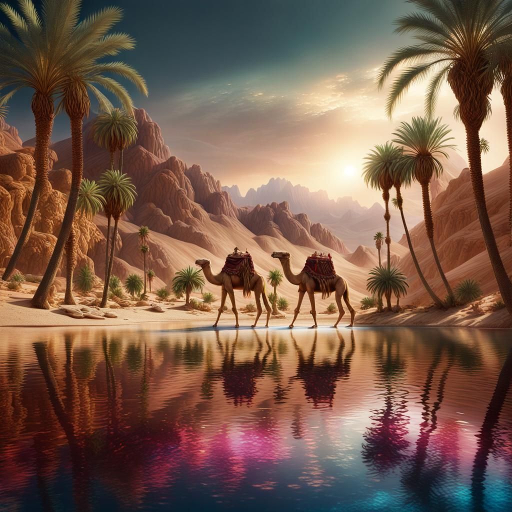 Photorealistic Oasis Scene with Camels and Palm Trees