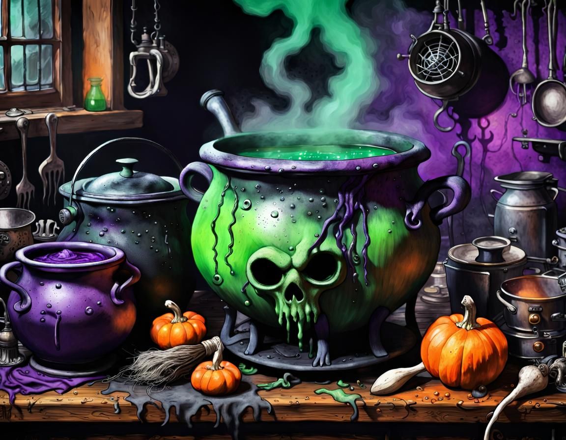 Creepy Cauldron Still Life in Mixed Media Style