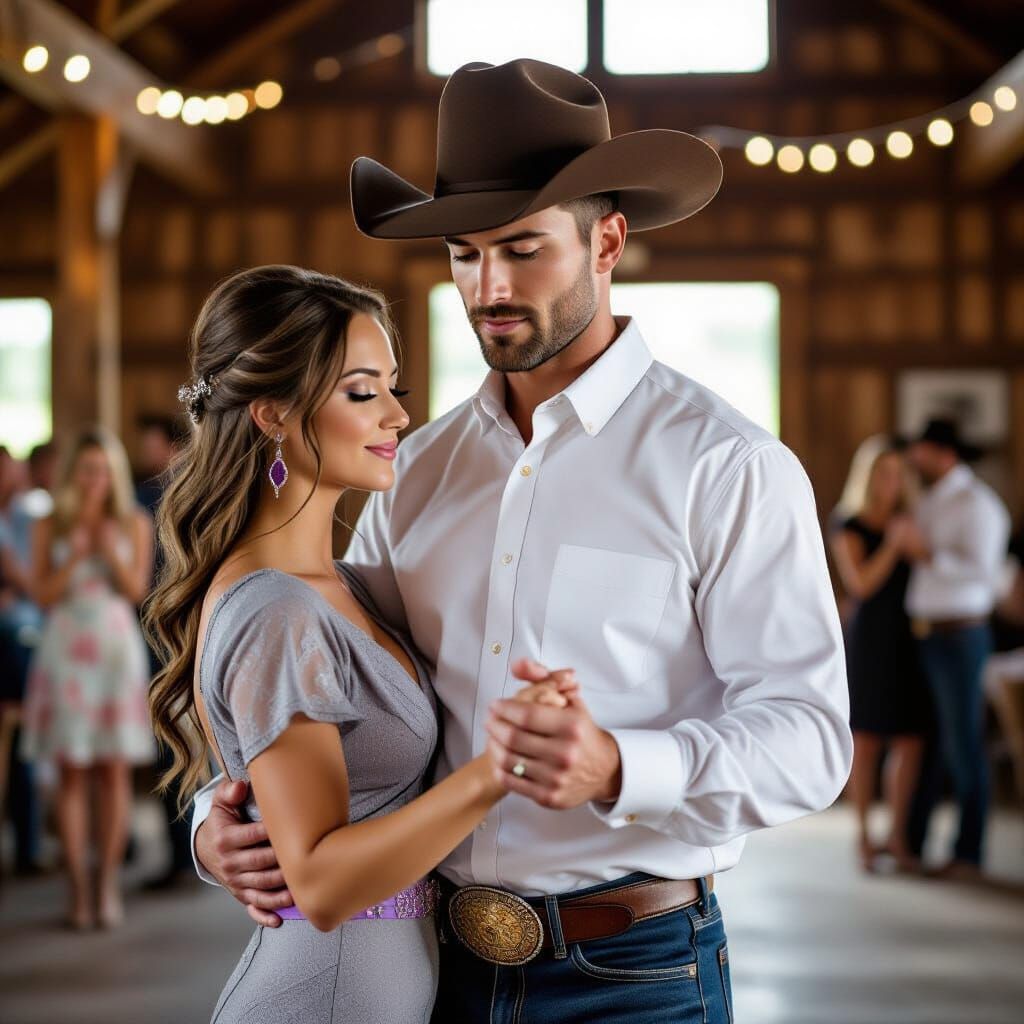 Romantic Cowboy and Woman Dance in Montana Barn