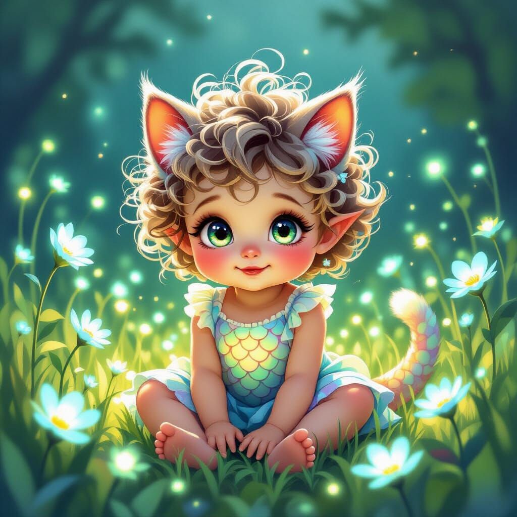 Whimsical Baby Monster with Glowing Eyes in Bioluminescent F...