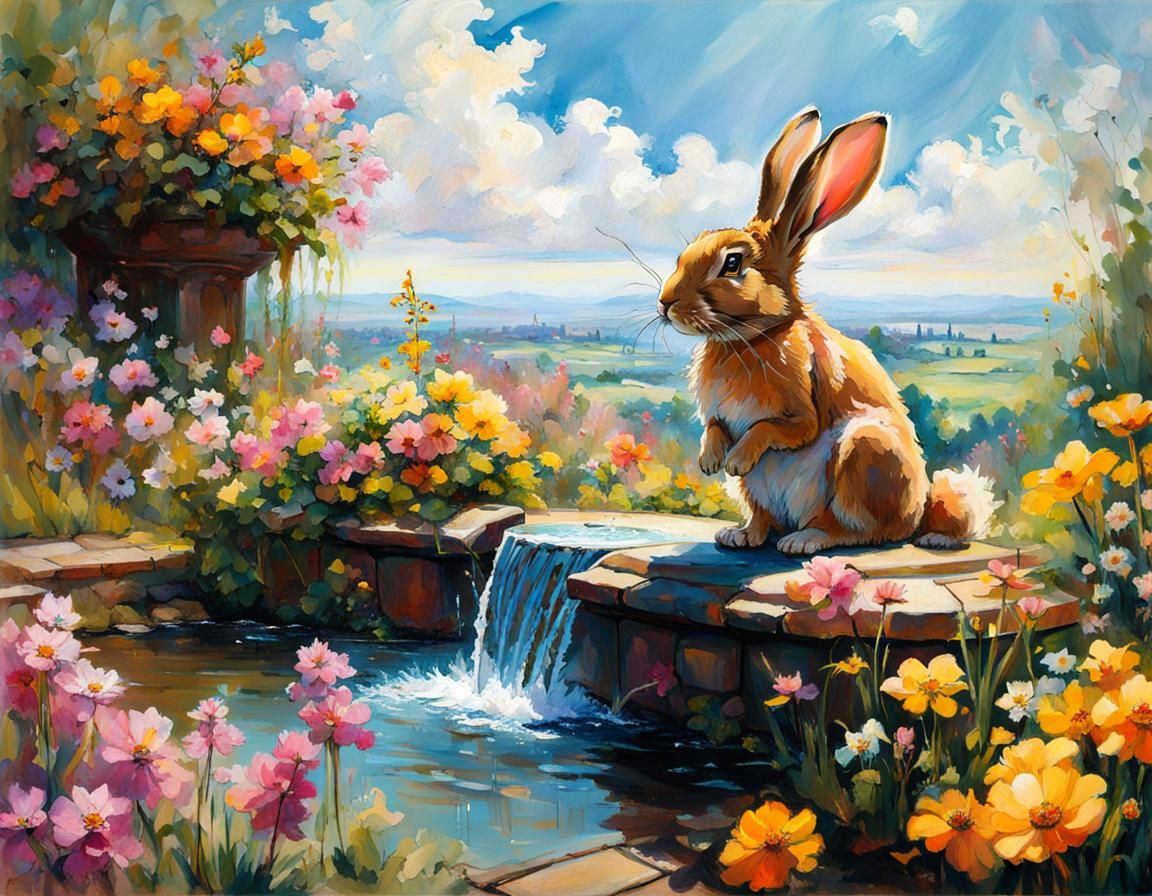 Rabbit Fountain in Splash Art Style