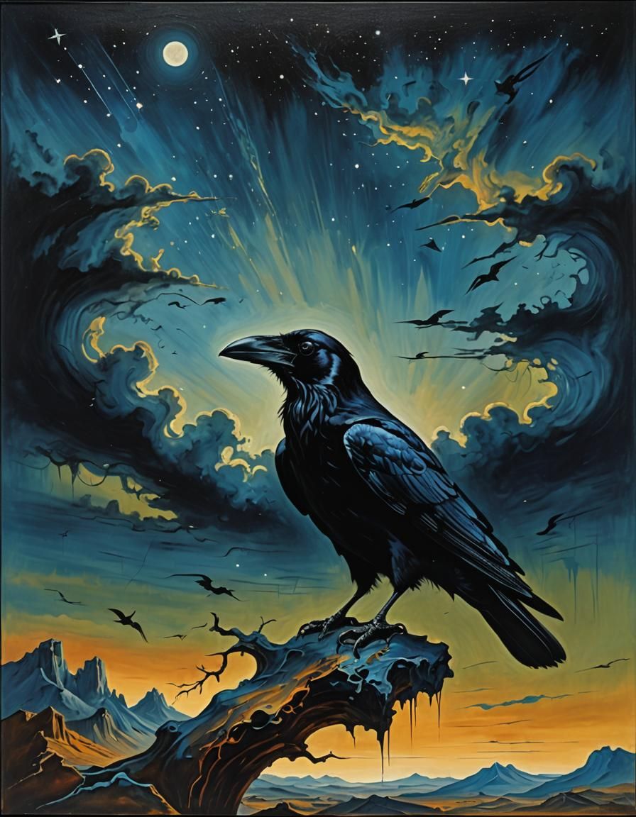 Raven in Night Sky, Surrealism Oil Painting