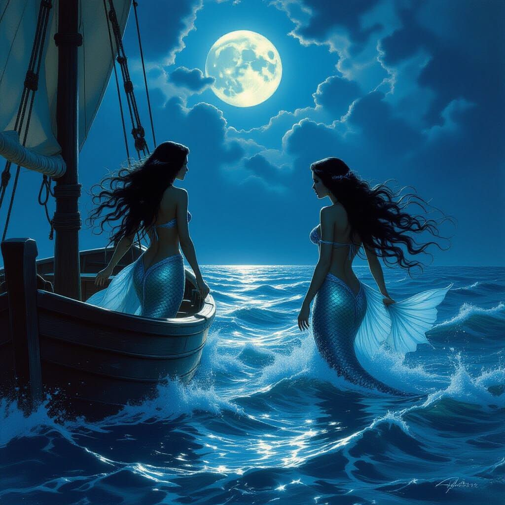 Mermaids Confront Fishermen in Dramatic Oil Painting Style