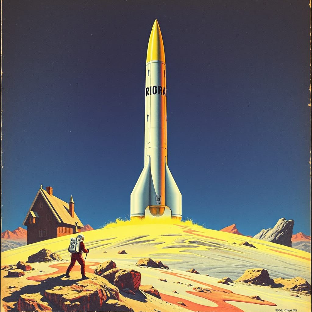 Vintage Space Odyssey on Distant Planet in Retrofuturistic S...