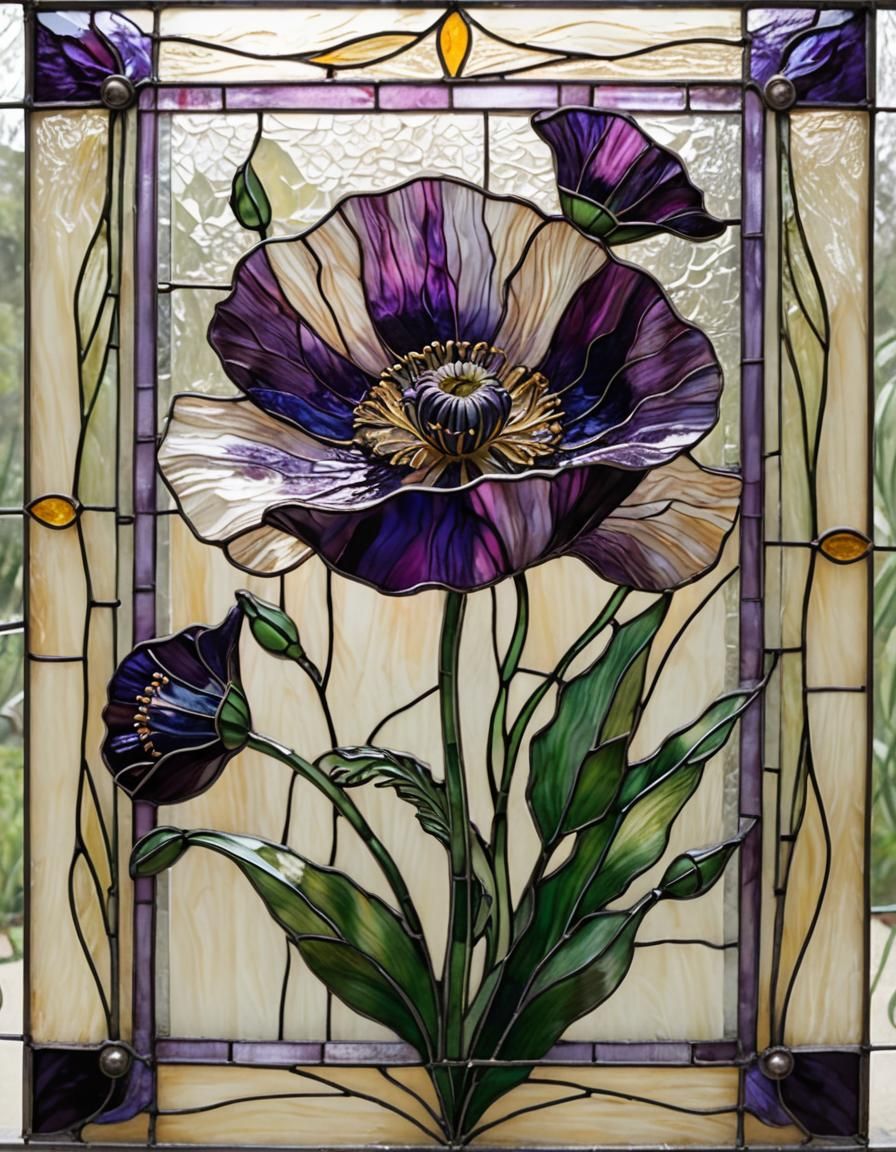 Purple Anemone in Stained Glass Art Nouveau Style