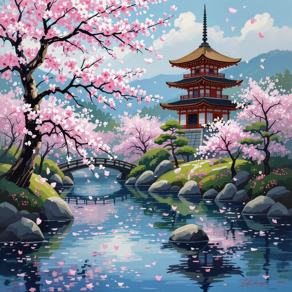 Japanese Garden with Blossoms and Pagoda as Impasto Painting