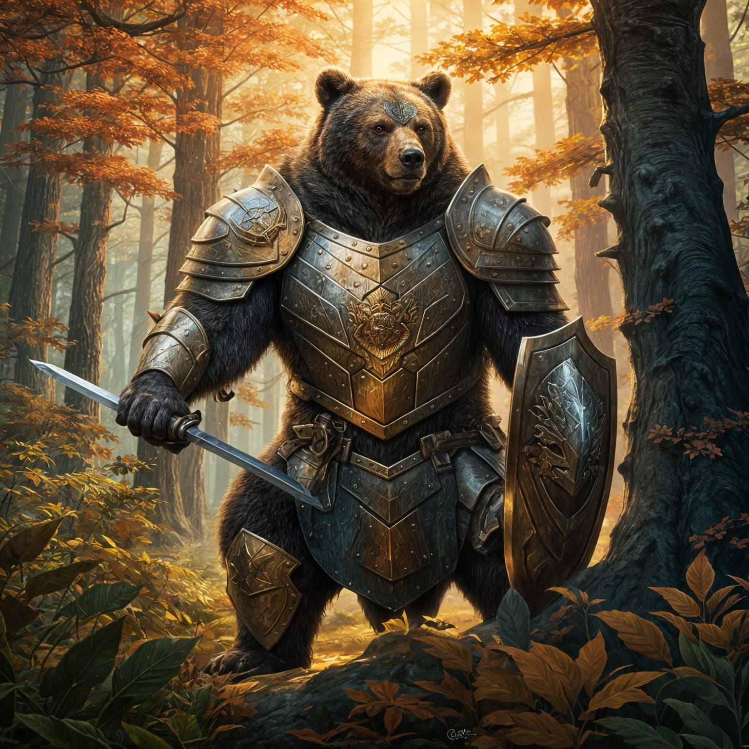 Armored Bear Protecting Cubs: Hyperrealistic Concept Art