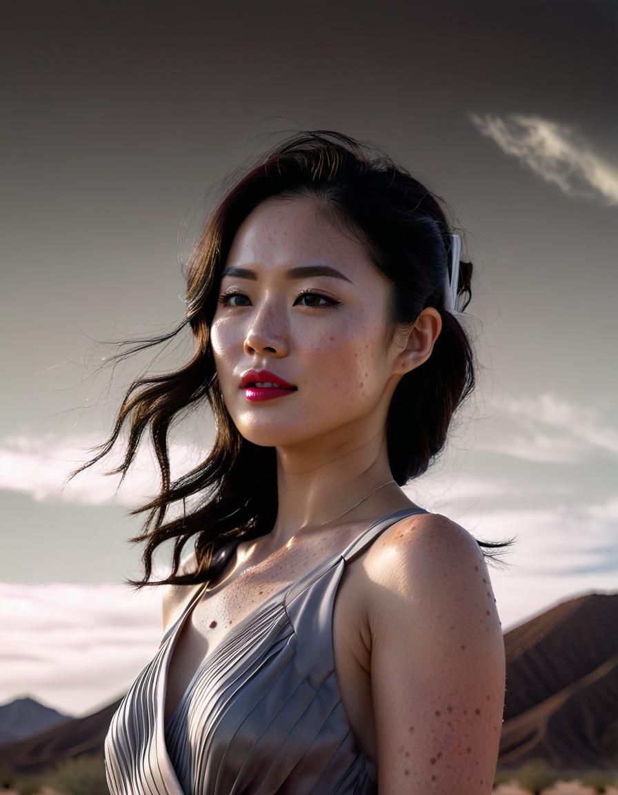 Korean Woman in Desert Oasis: Chiaroscuro Oil Painting