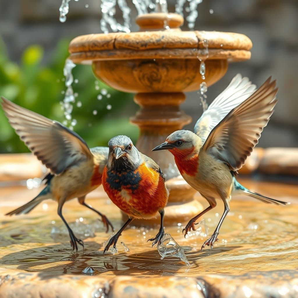 Friendly Birds in Vibrant Fountain Scene