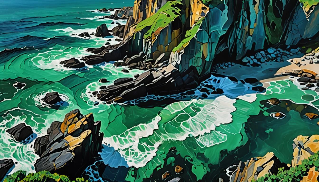 Emerald Coastline in Abstract Expressionist Impasto Style