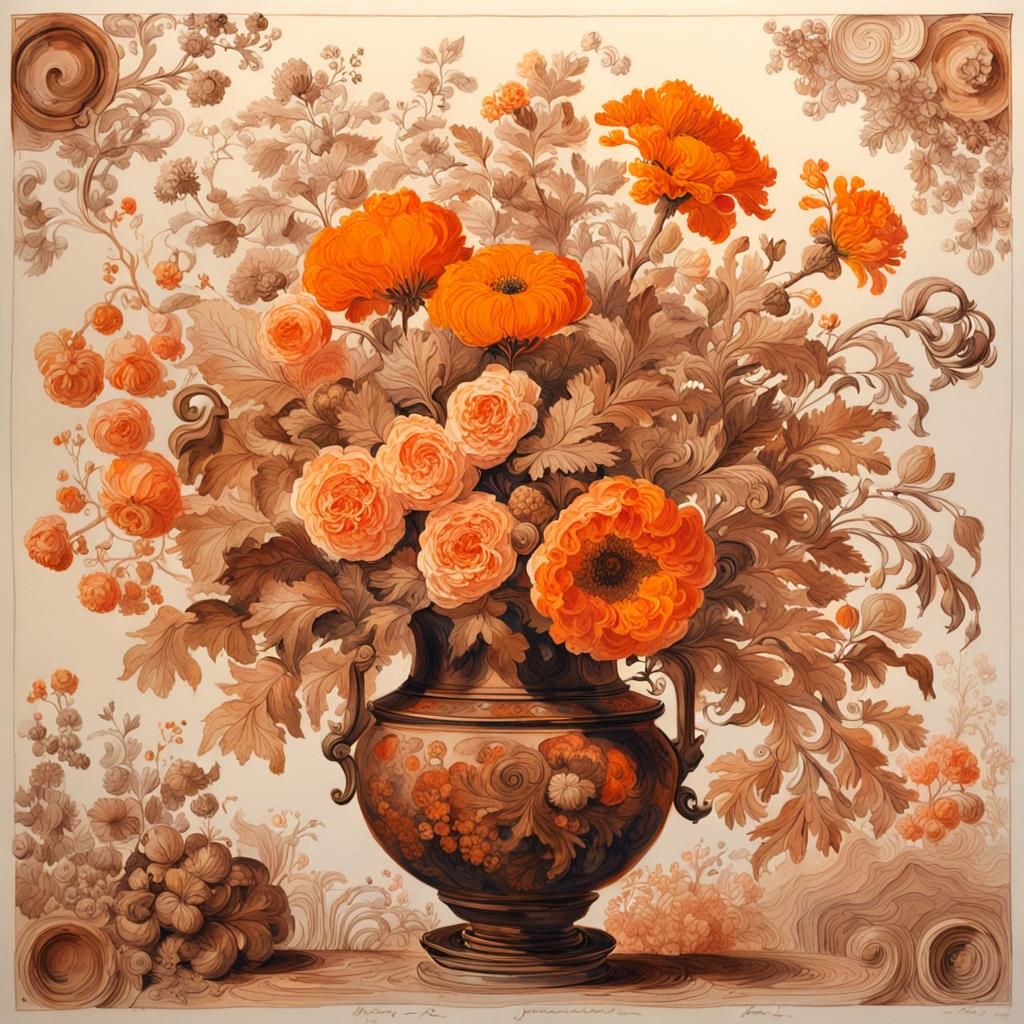 Brown and Orange Bouquet in Ink and Wash Style