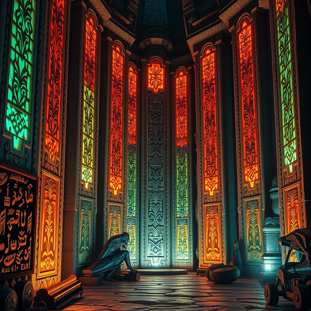 Glowing Glyphs on Creepy Temple Wall in Art Nouveau Style