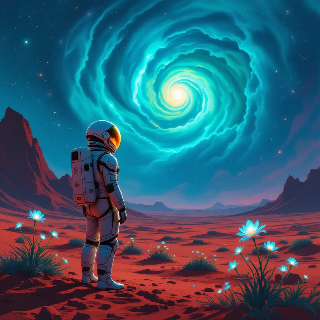 Astronaut on Alien Planet Gazing at Nebula