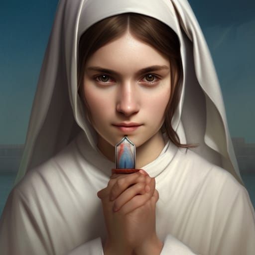 Nun Portrait with Monastery in Hyperdetailed Style