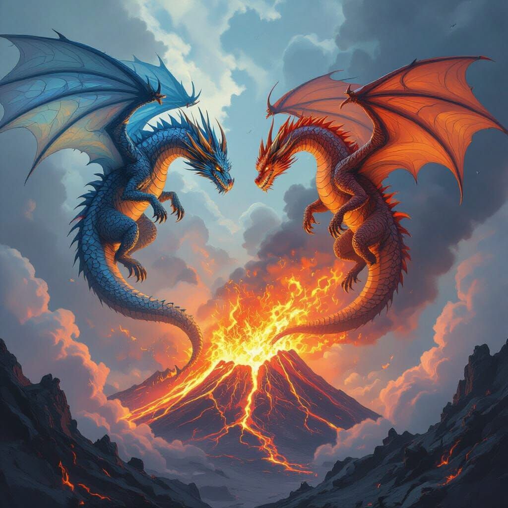 Dragons Clash Over Volcano in Sci-Fi Fantasy Style