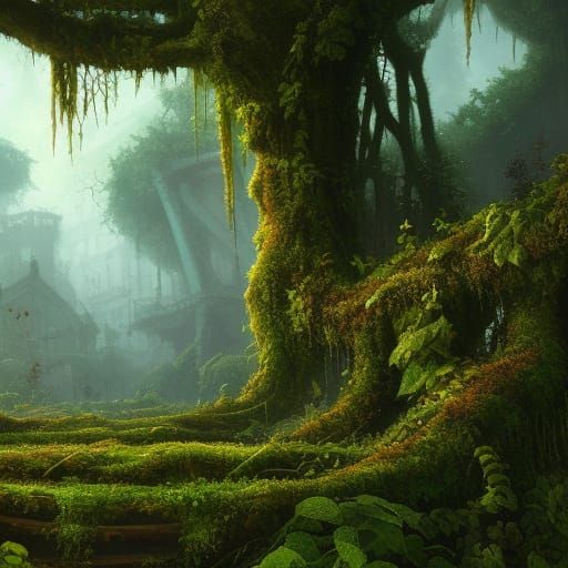 Lush Overgrown Cityscape in Detailed Matte Painting