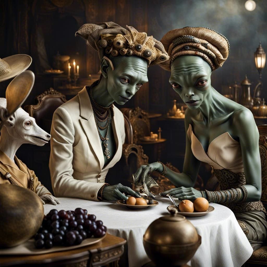 Surreal Alien Restaurant Celebration in Ethereal Light