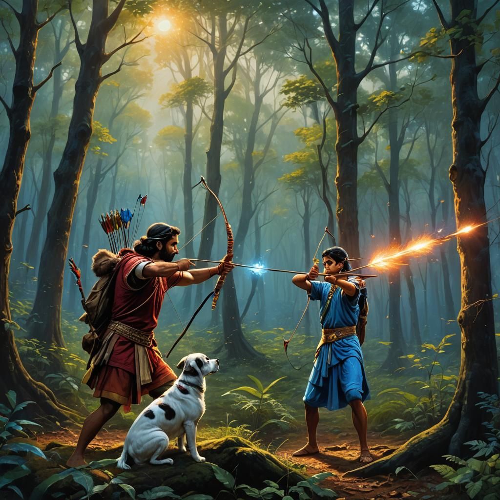 Eklavya in Forest with Dog: Vibrant Oil Painting