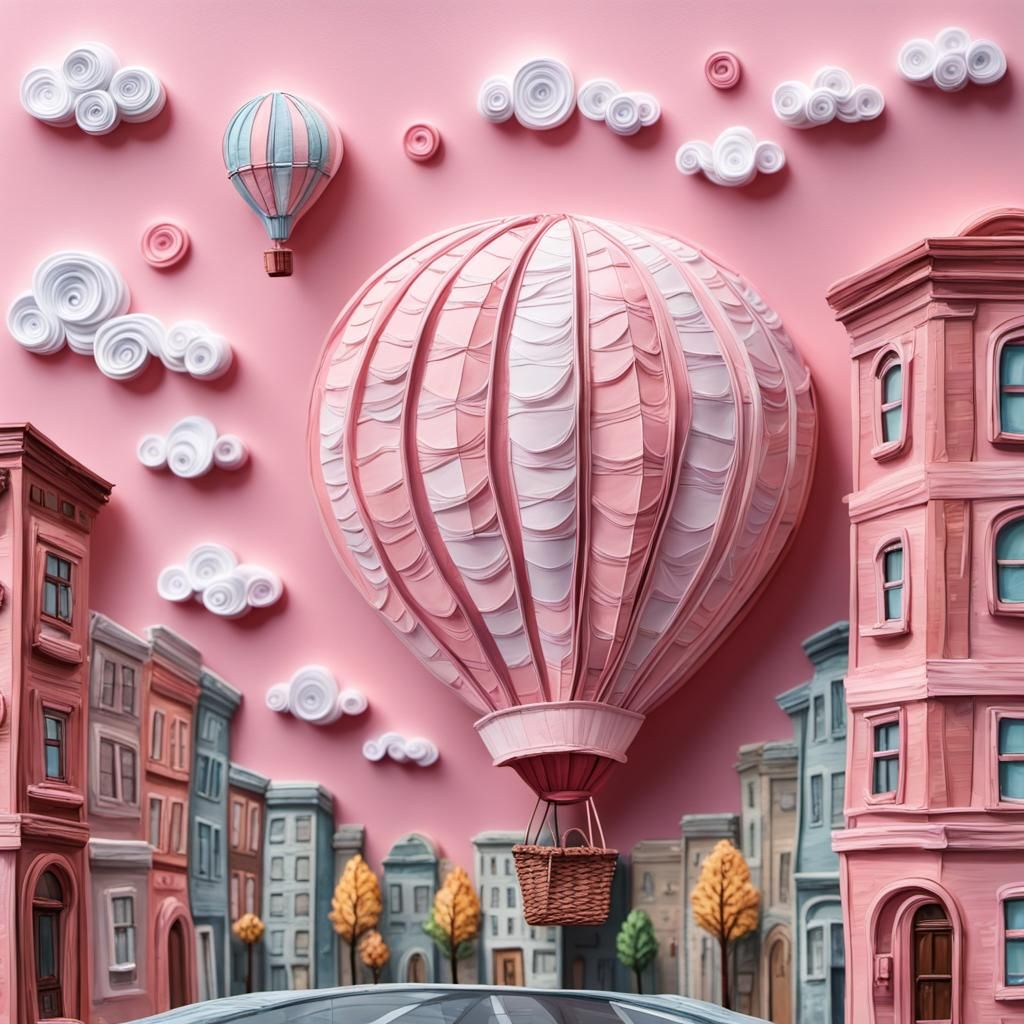 Pink Hot Air Balloon in Impasto Mixed Media