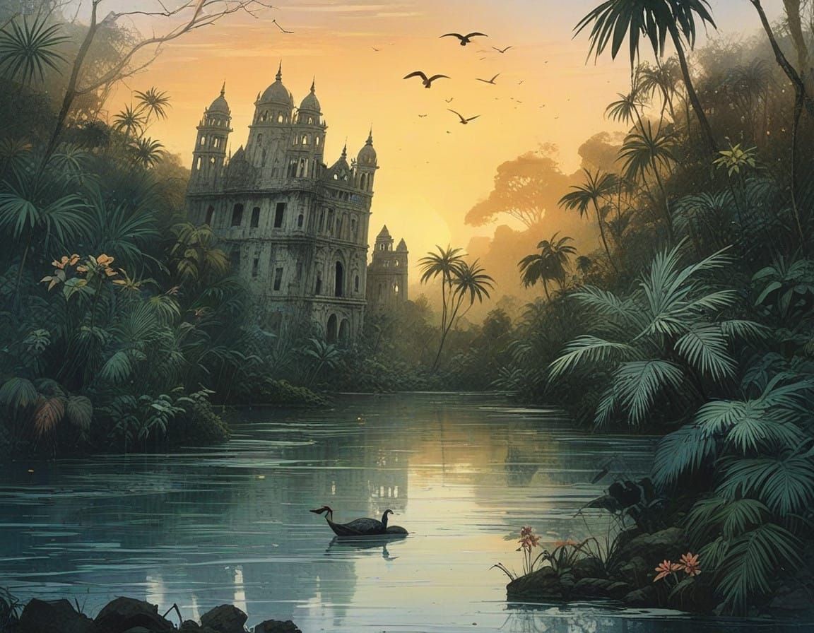 Mysterious Jungle Ruins Reflected in Sunset Lake