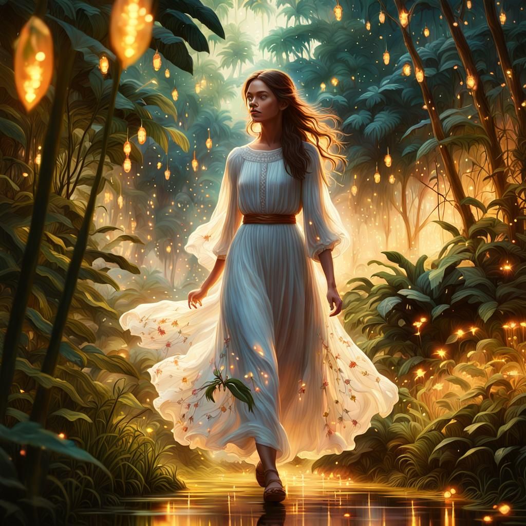Dreamy Jungle Scene with Fireflies in Ethereal Light