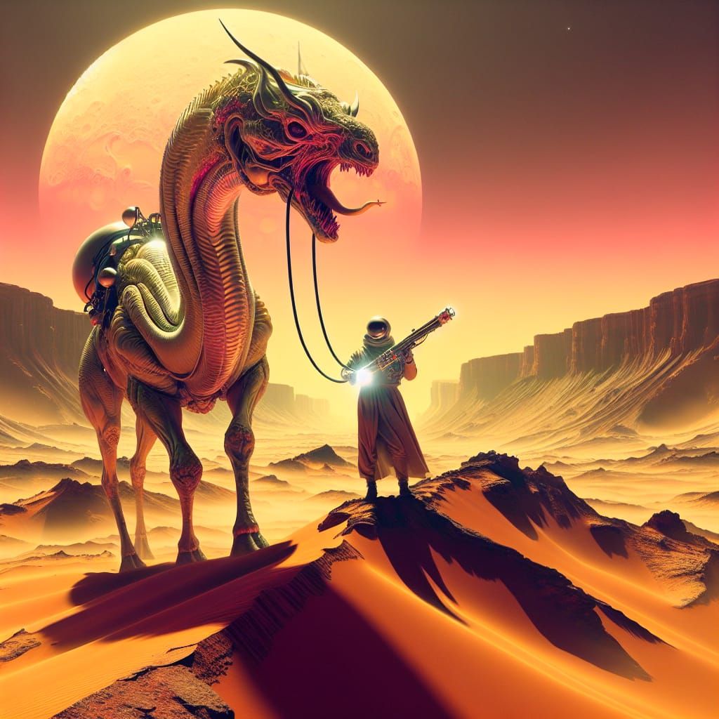 Symmetrical Alien Desert Landscape with Snakescale Camel Rid...