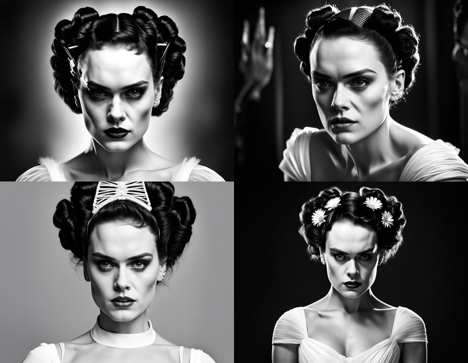 Daisy Ridley as The Bride Of Frankenstein black and white