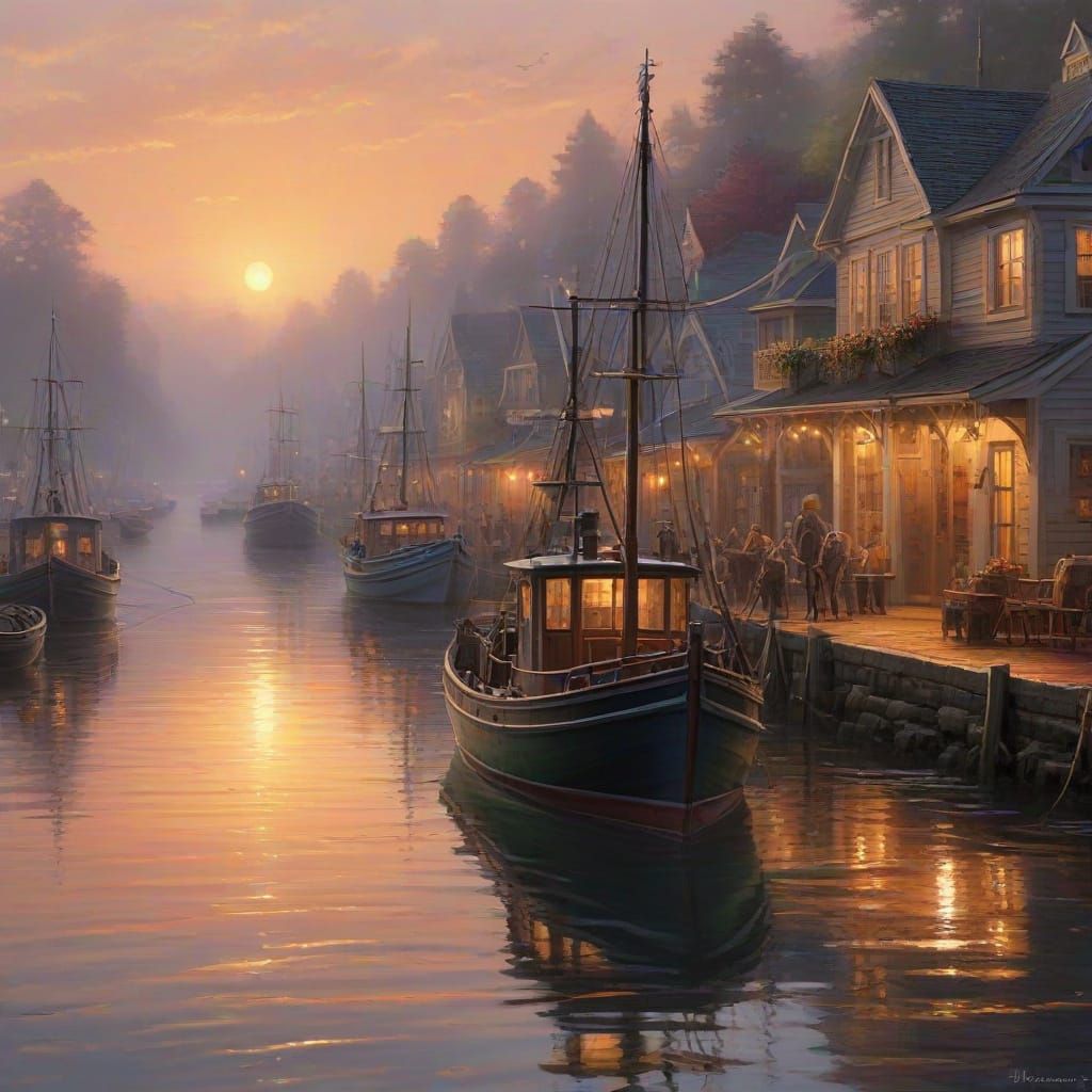Golden Harbor Sunrise in Fantasy Realism