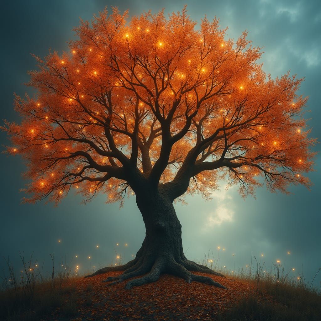 Autumnal Tree with Fairy Lights in Surreal Style