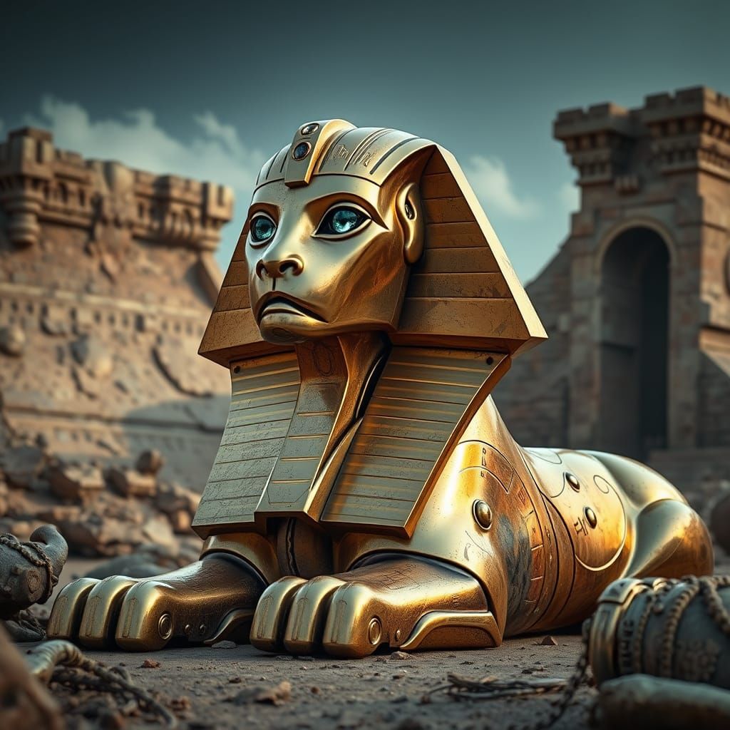 Liquid Metal Sphinx in Dystopian Landscape