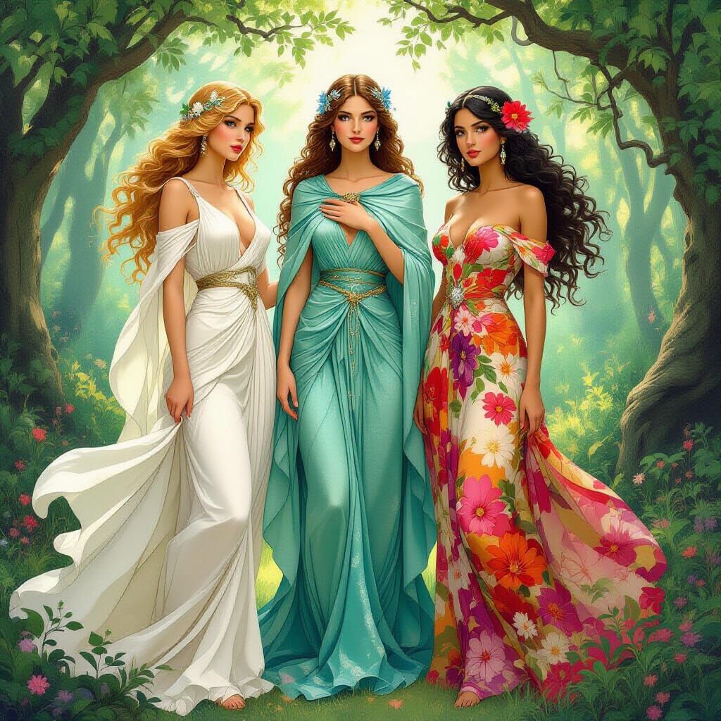 Goddesses in Mystical Forest: Art Nouveau Illustration