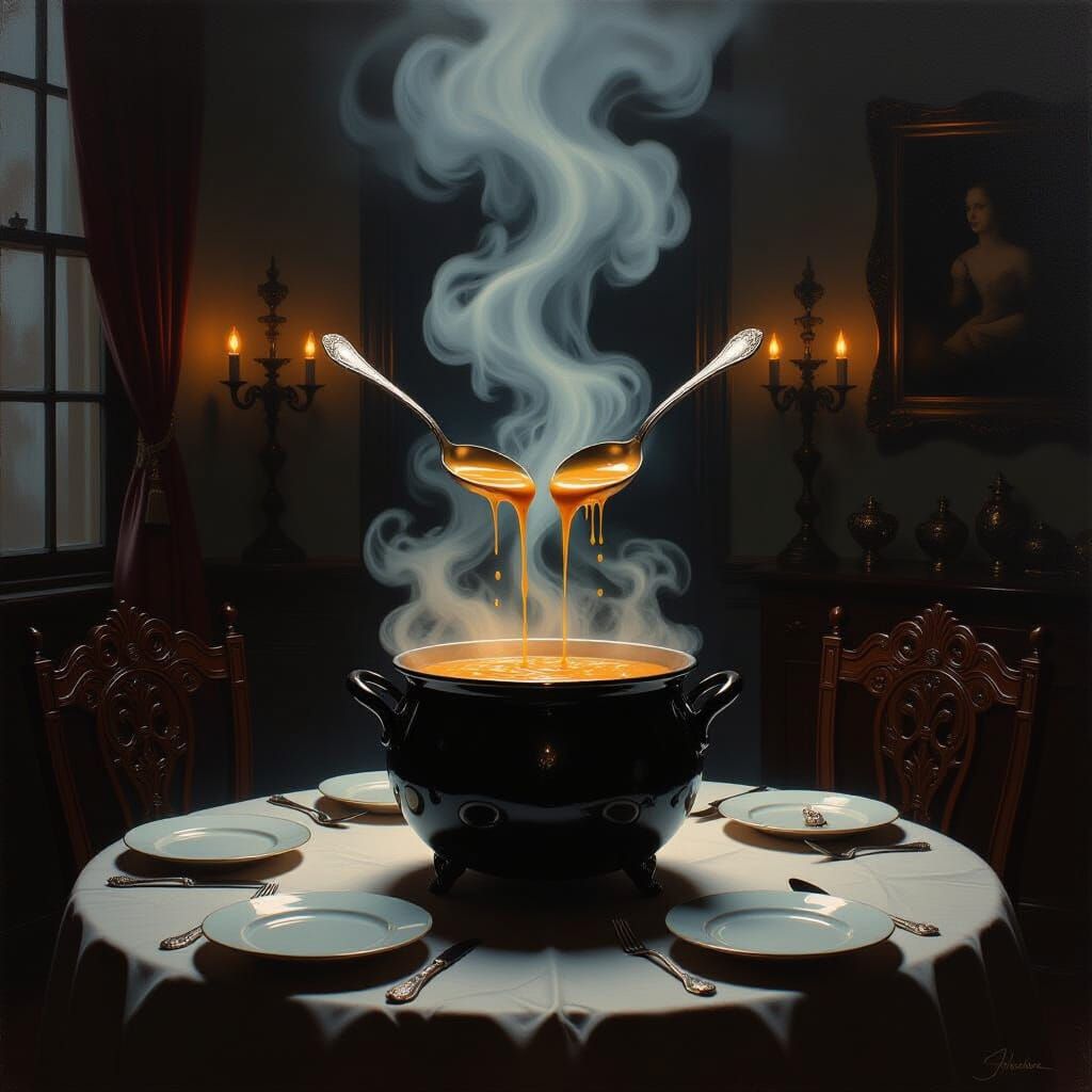 Surreal Oil Painting of Floating Dining Room with Soup Cauld...