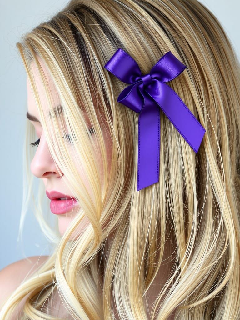 Ethereal Portrait of Blonde Woman with Violet Hair Ribbon