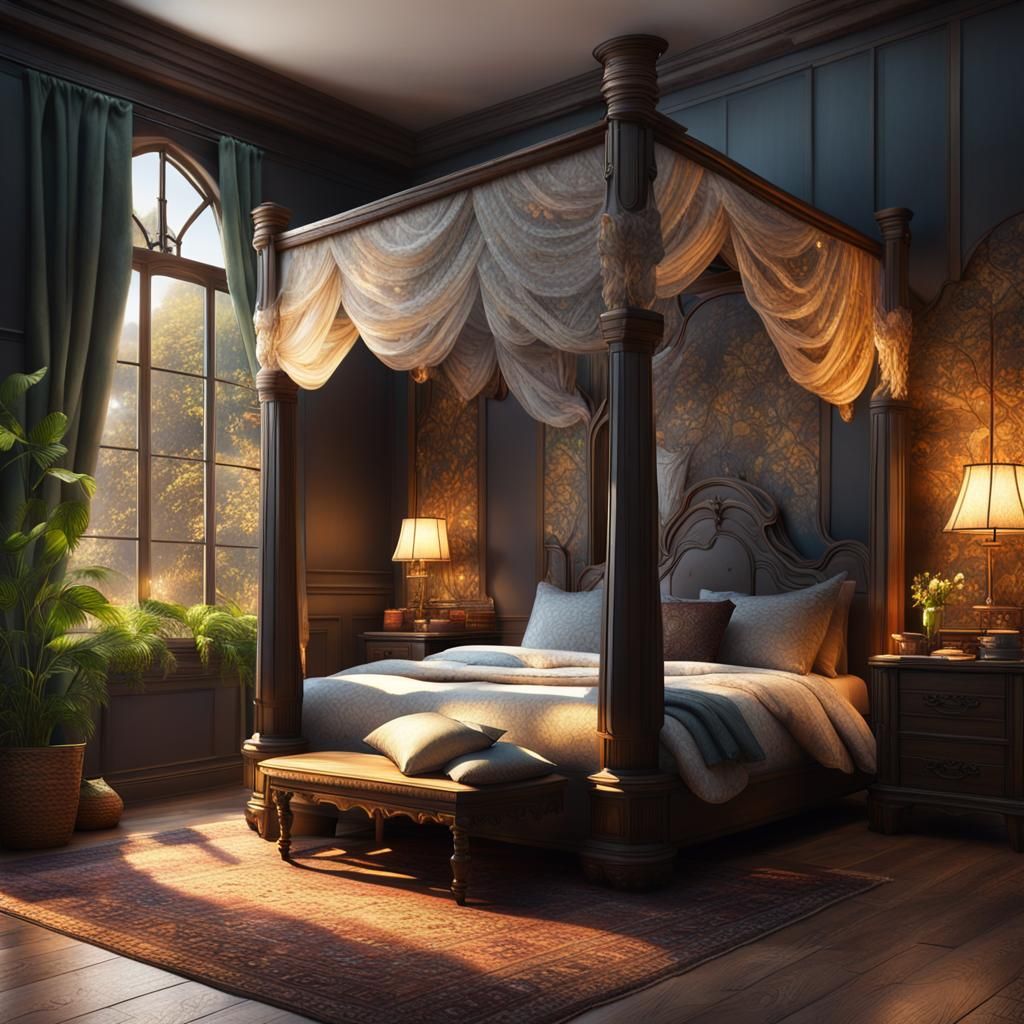 Cozy Bedroom with Four-Poster Bed in Soft Lighting