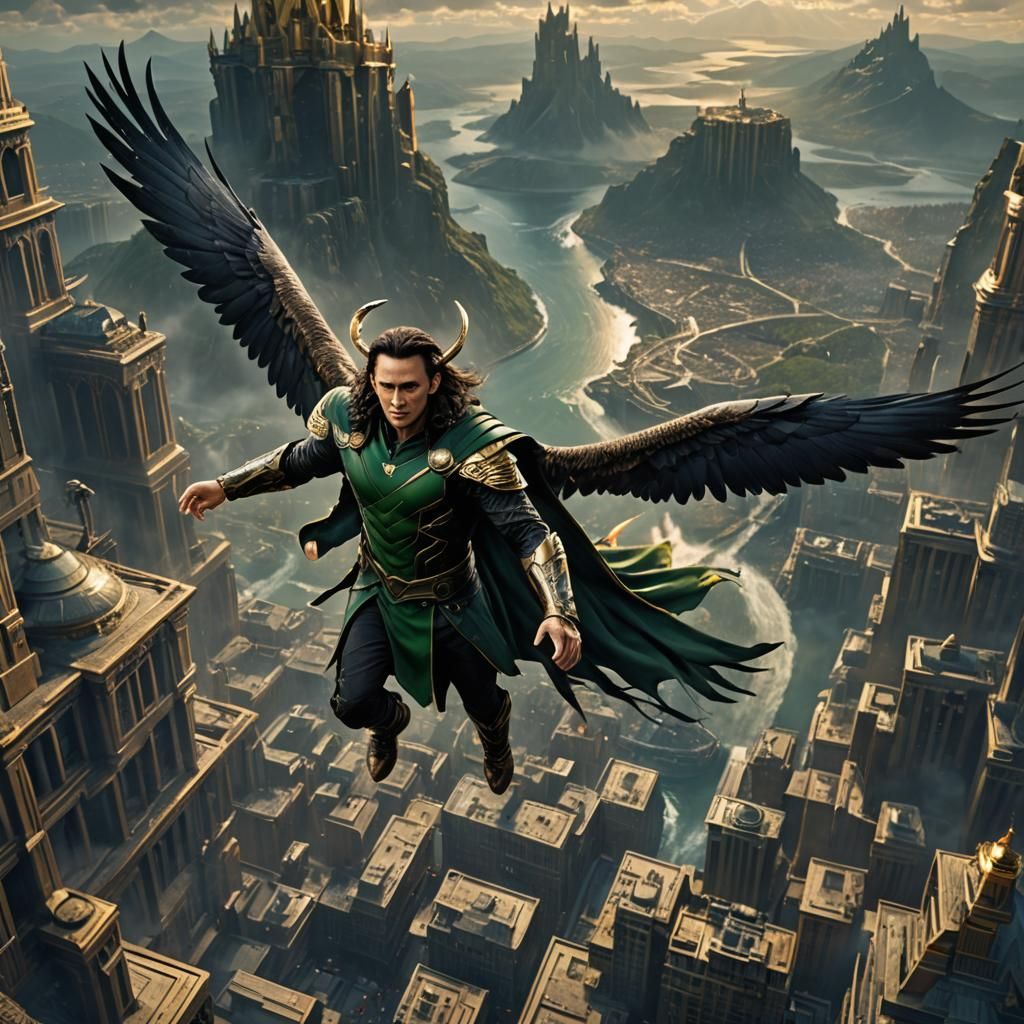 Winged Loki: Mythological Eagle Hybrid in Detailed Fantasy A...