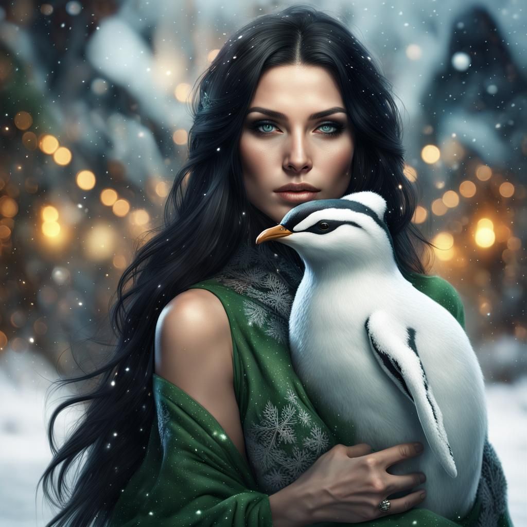Mystical Christmas Woman with Penguin: Fantasy Concept Art