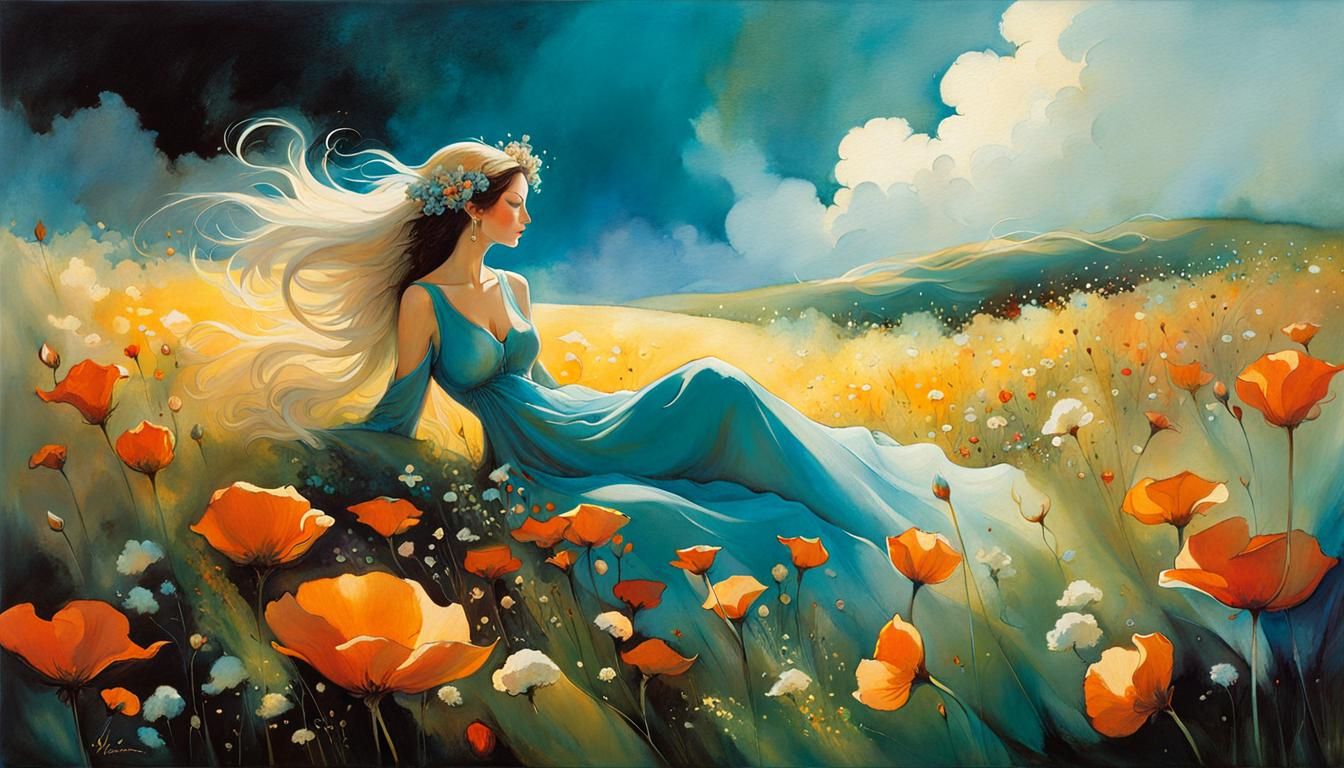 Dreamy Woman in Flower Field: Abstract Double Exposure