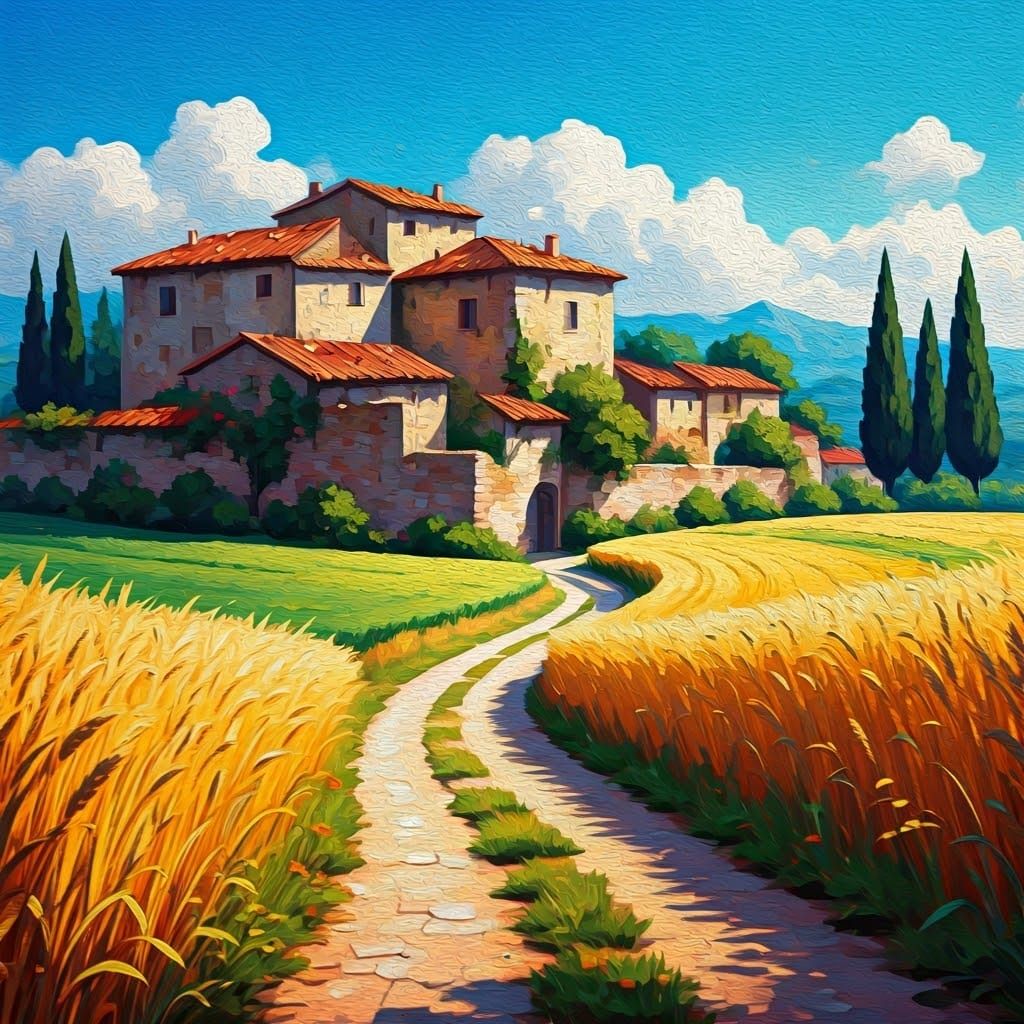 Path Through Fields Near Ancient Village as Impasto Painting