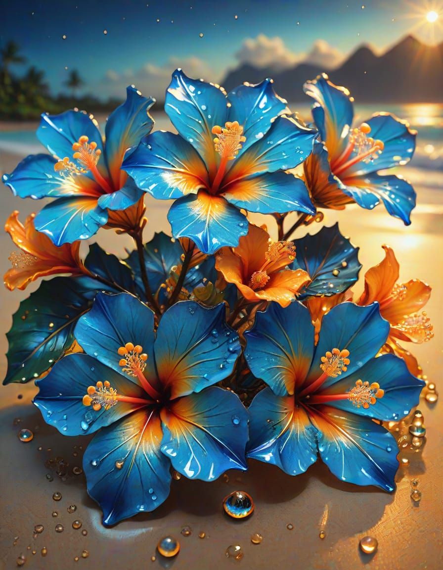 Bioluminescent Beach with Crystal Hibiscus in Oil Paint