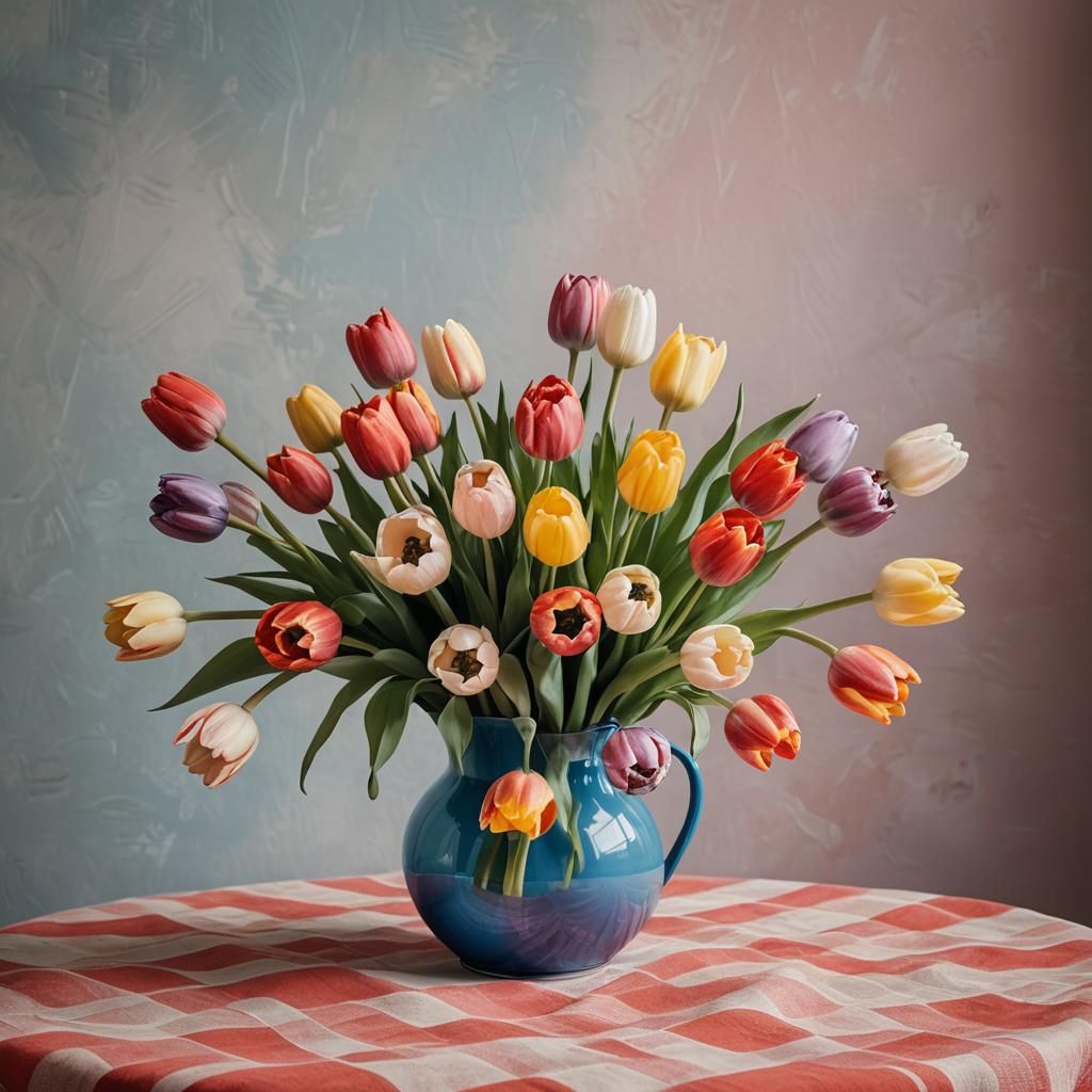 Pastel Tulips in Blue Vase Still Life