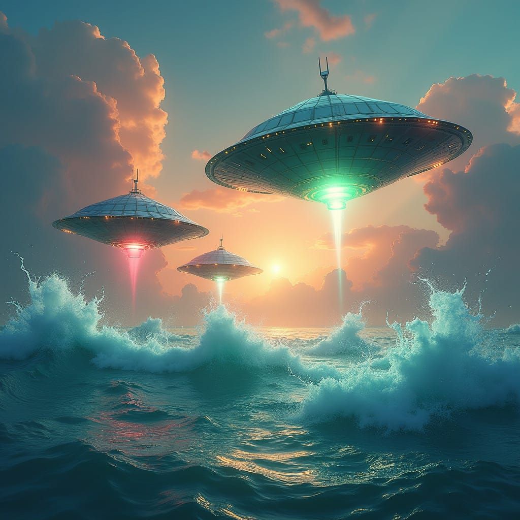 Sleek UFOs Dive into Turquoise Ocean in Iridescent Splendor