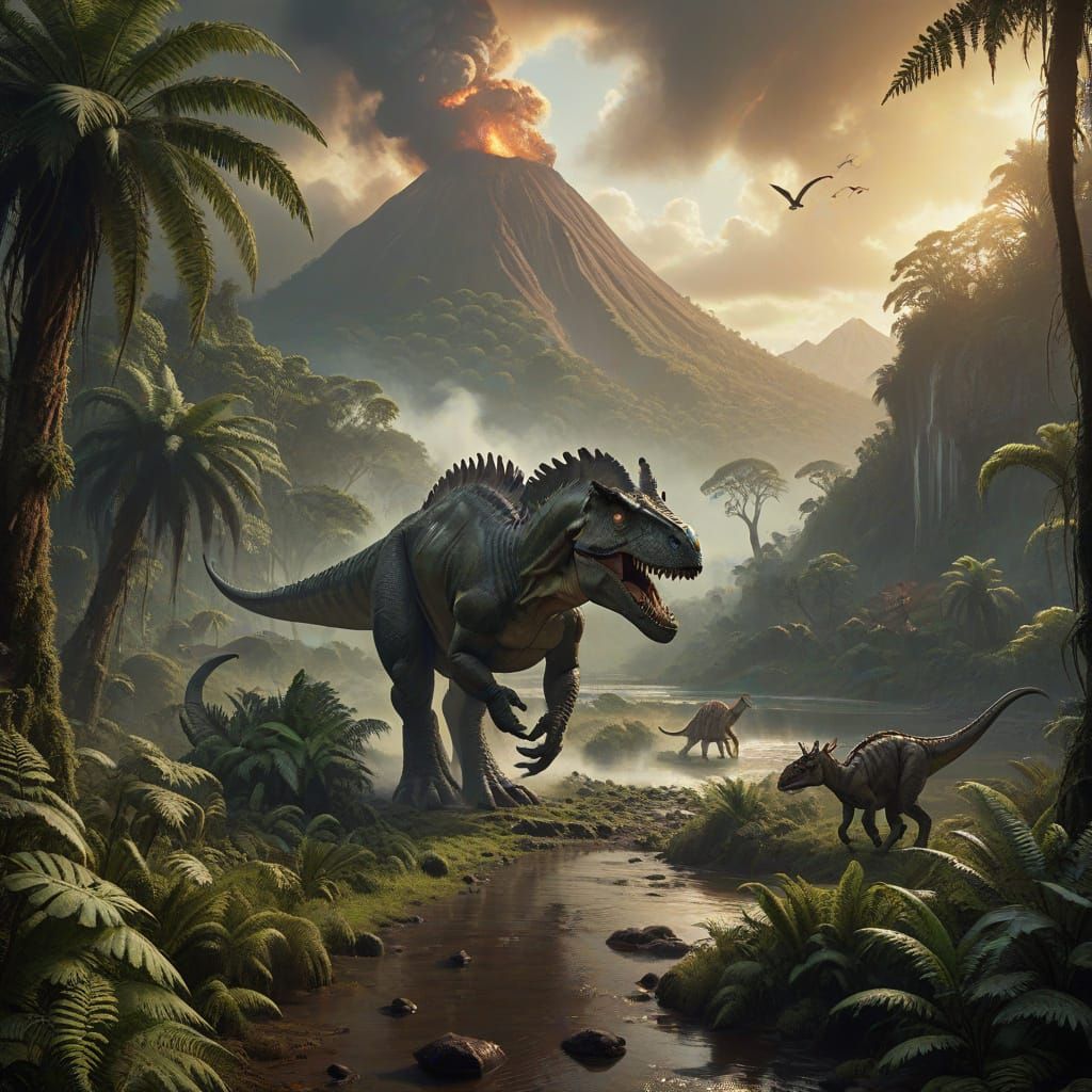 Dinosaurs Roam Freely in Prehistoric Landscape