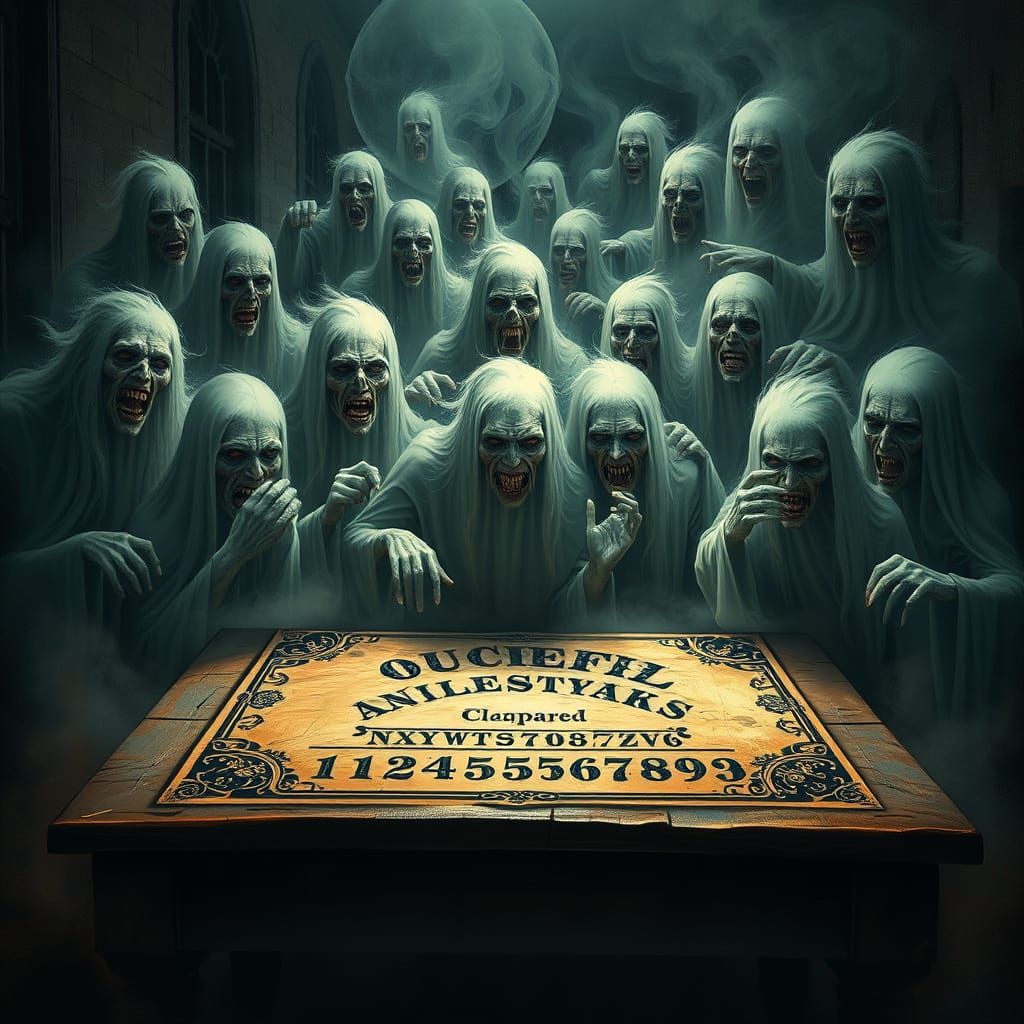 Eerie Ouija Board Scene in Dark Mystic Style