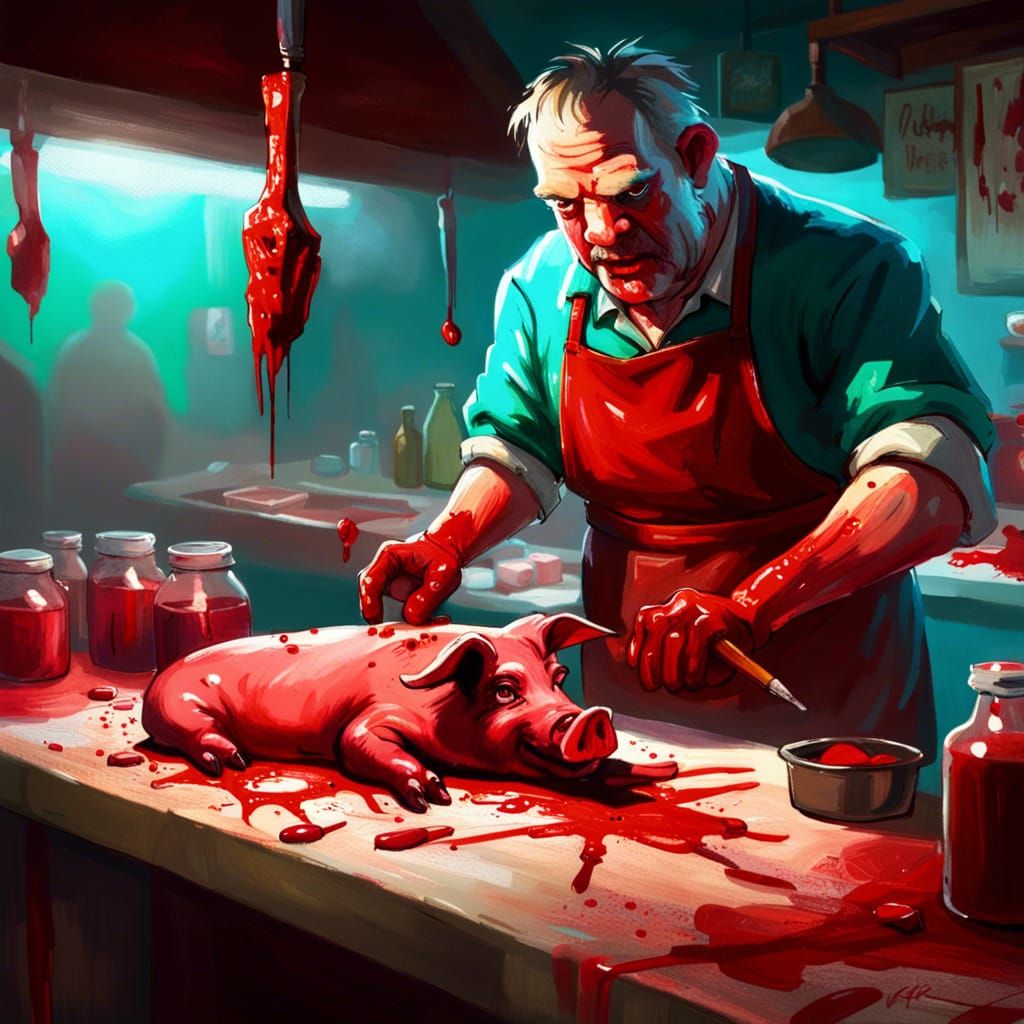 Horror Butcher Pig with Bloodied Head in Oil Painting