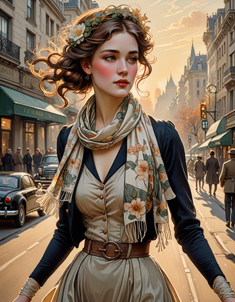 Art Nouveau Woman on Roller Skates in Seasonal City