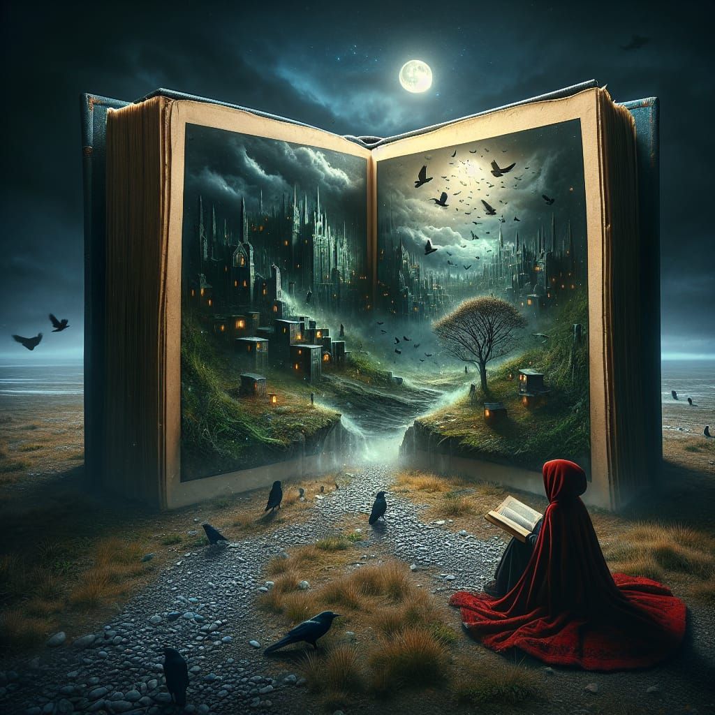 Surreal Book Portal Opens to Shadowy Cityscape