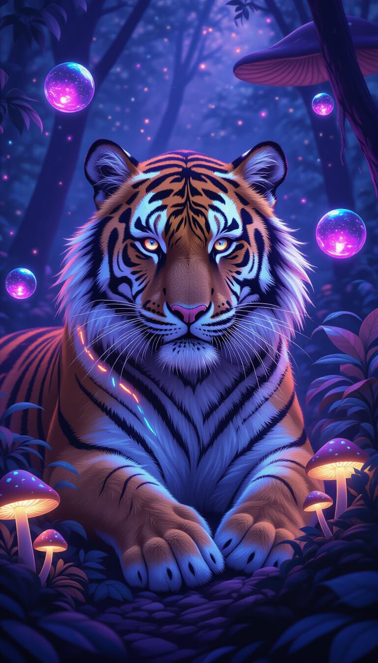 Bioluminescent Tiger in Enchanted Forest, Fantasy Creature A...
